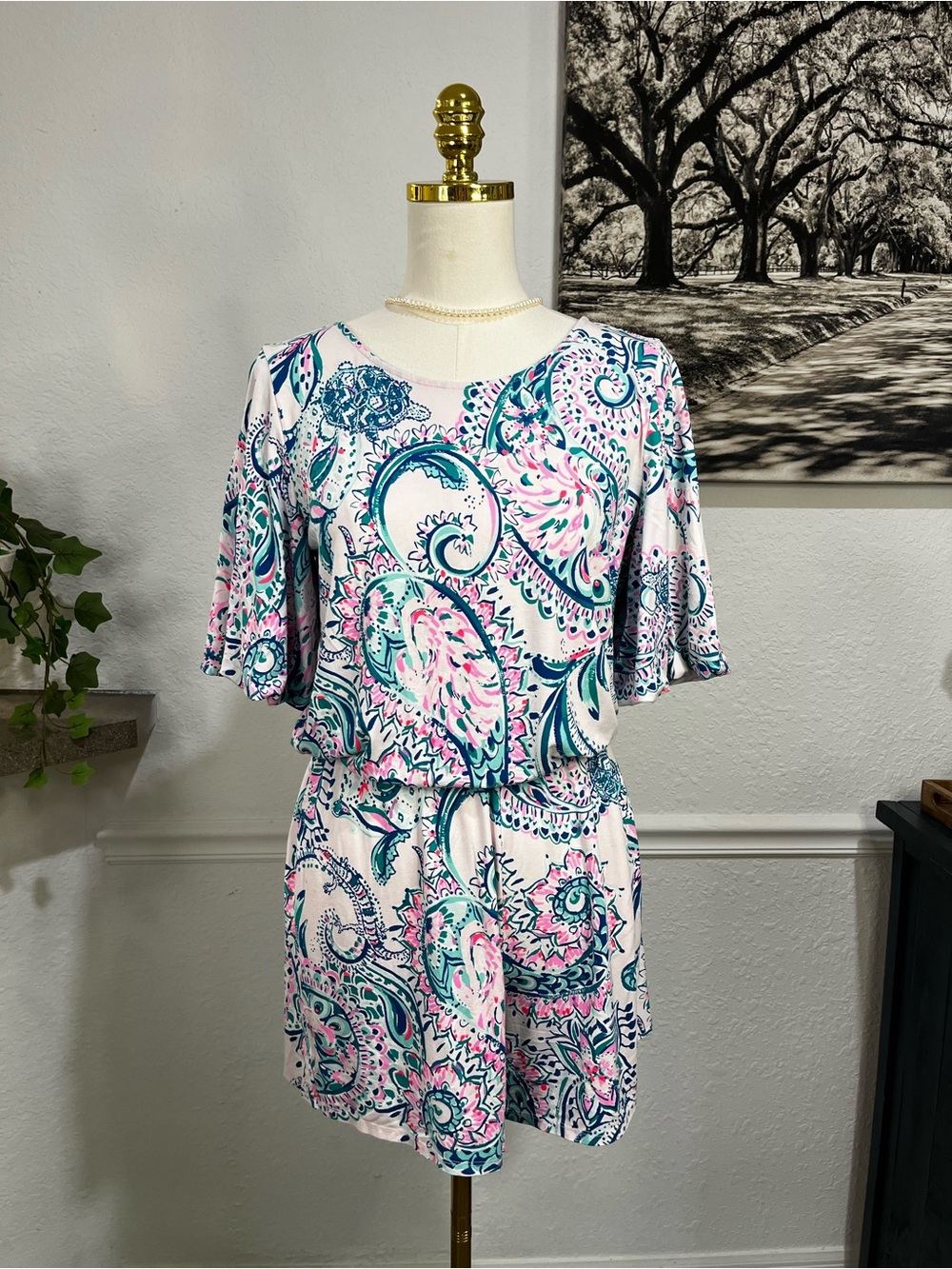 Lilly Pulitzer White Romper with Pink & Teal Paisley 2019 Medium